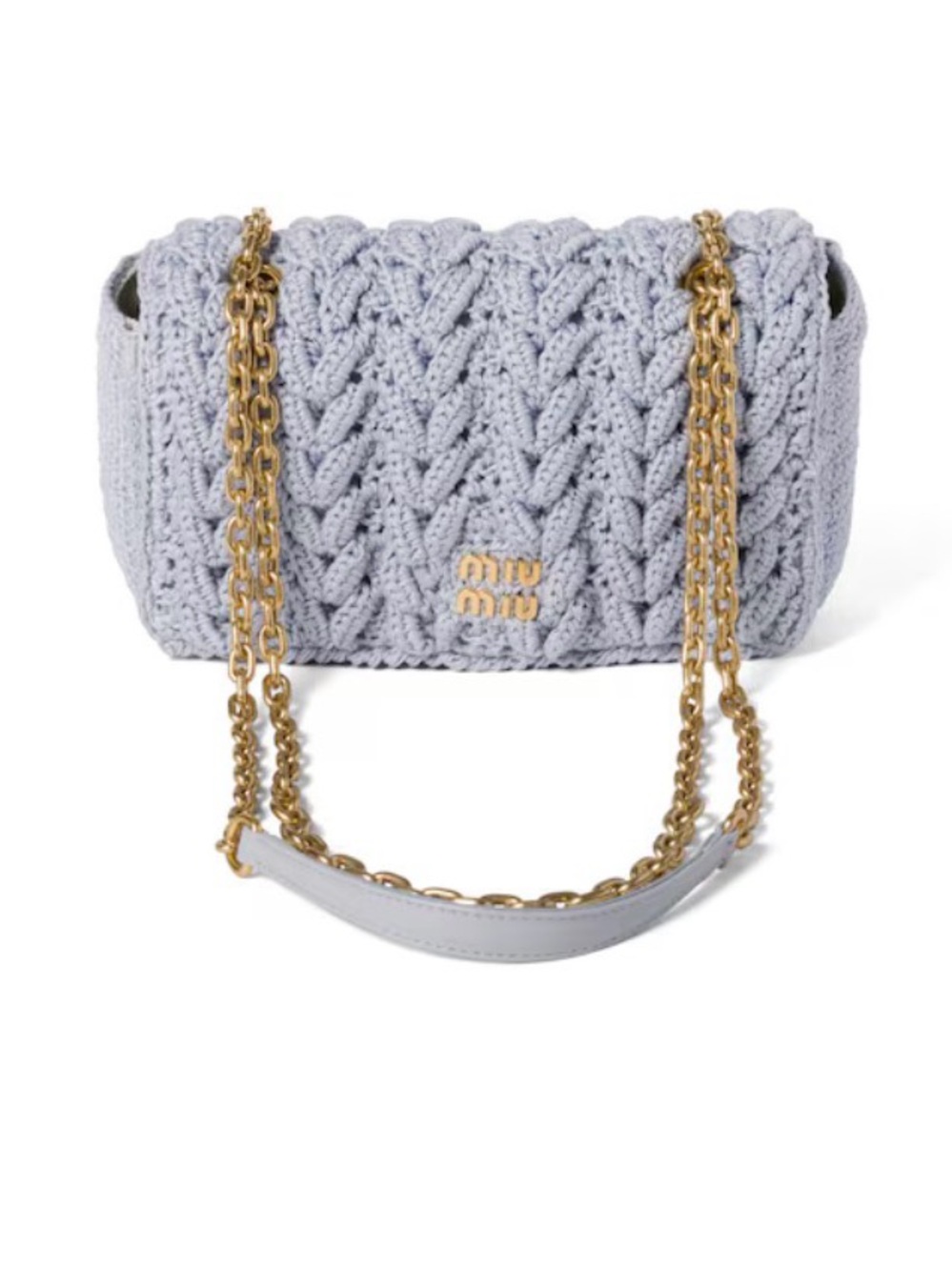 Miu Miu Pale Blue Crochet Shoulder Bag with Gold Chain